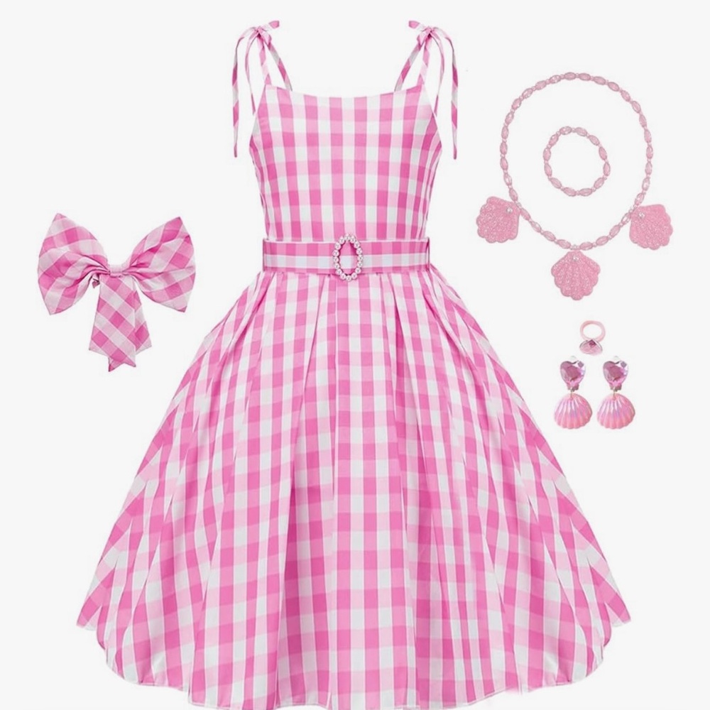 Charming Pink Checkered Kids Costume Dress with Accessories